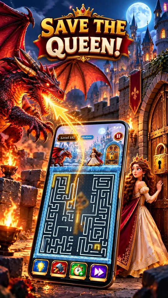 The Queen running from the red Dragon across the castle walkway